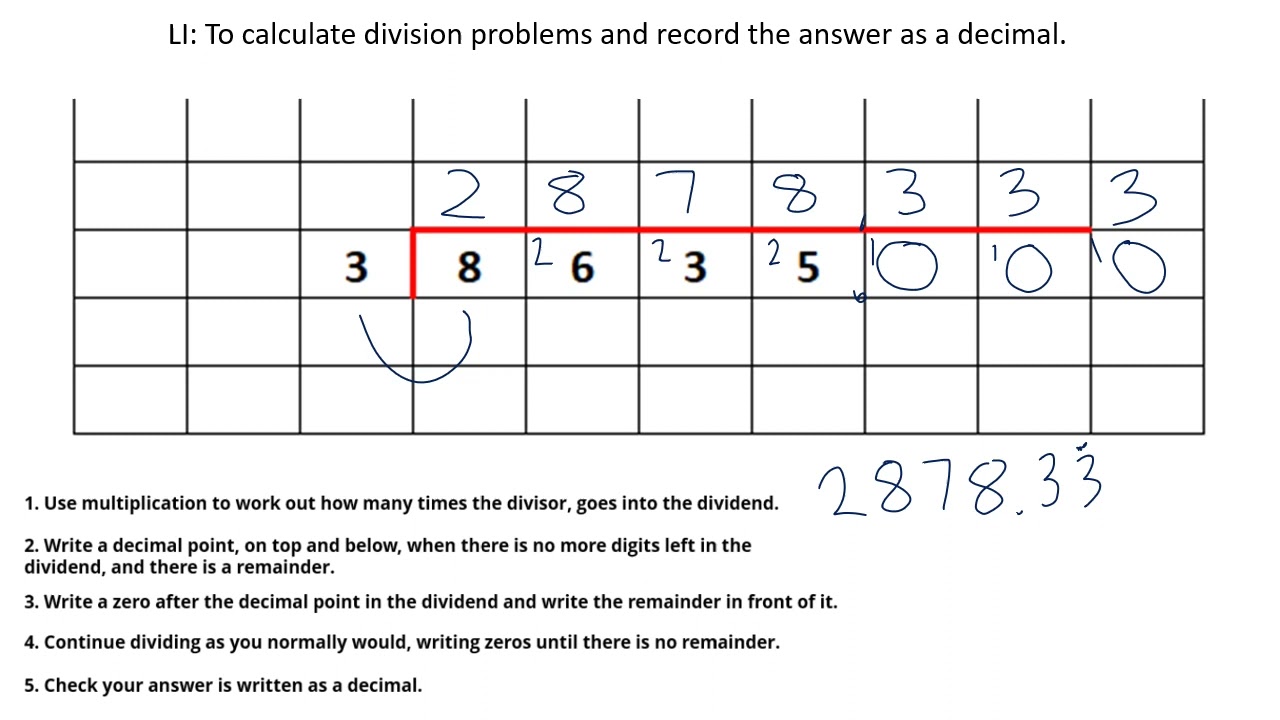 Calculating division problems and recording the answer as a decimal