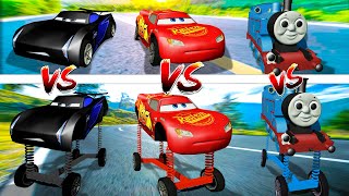 Big & Small Lightning Mcqueen Car Disney vs Jackson Storm vs SCARY Thomas Spring Wheel | BeamNG