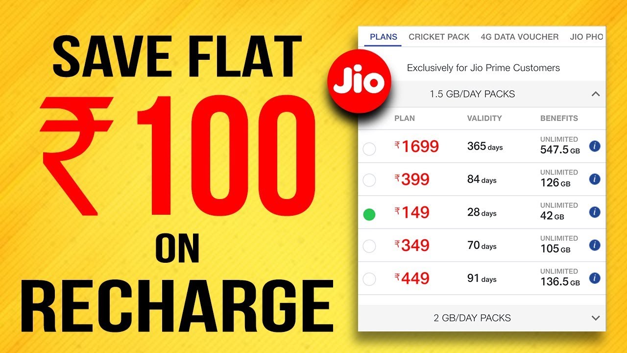 Jio Recharge Coupons Save FLAT ₹100 Using Jio Recharge Coupons Jio