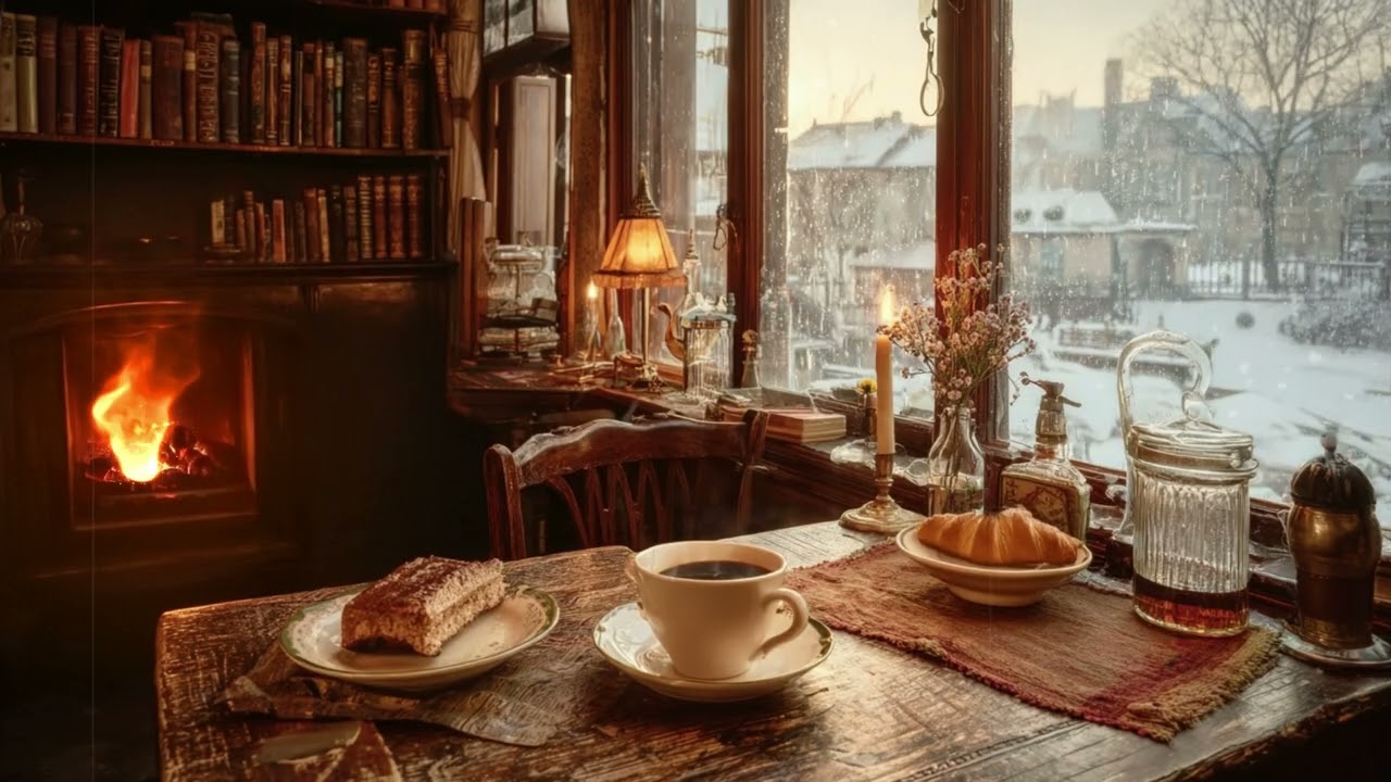 1950s Vintage Jazz by the Fireplace | A Cozy Cafe on a Snowy Day