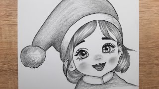 Kolay Şapkalı Kız Çizimi, Yeni Yıl Şapkalı Güzel Bir Kız Kolay Yoldan Adım Adım Nasıl Çizilir