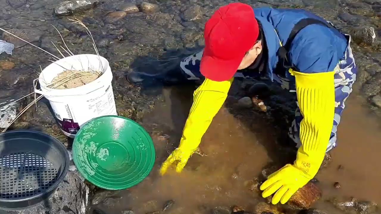 홍천강변 바위 틈 사금탐사