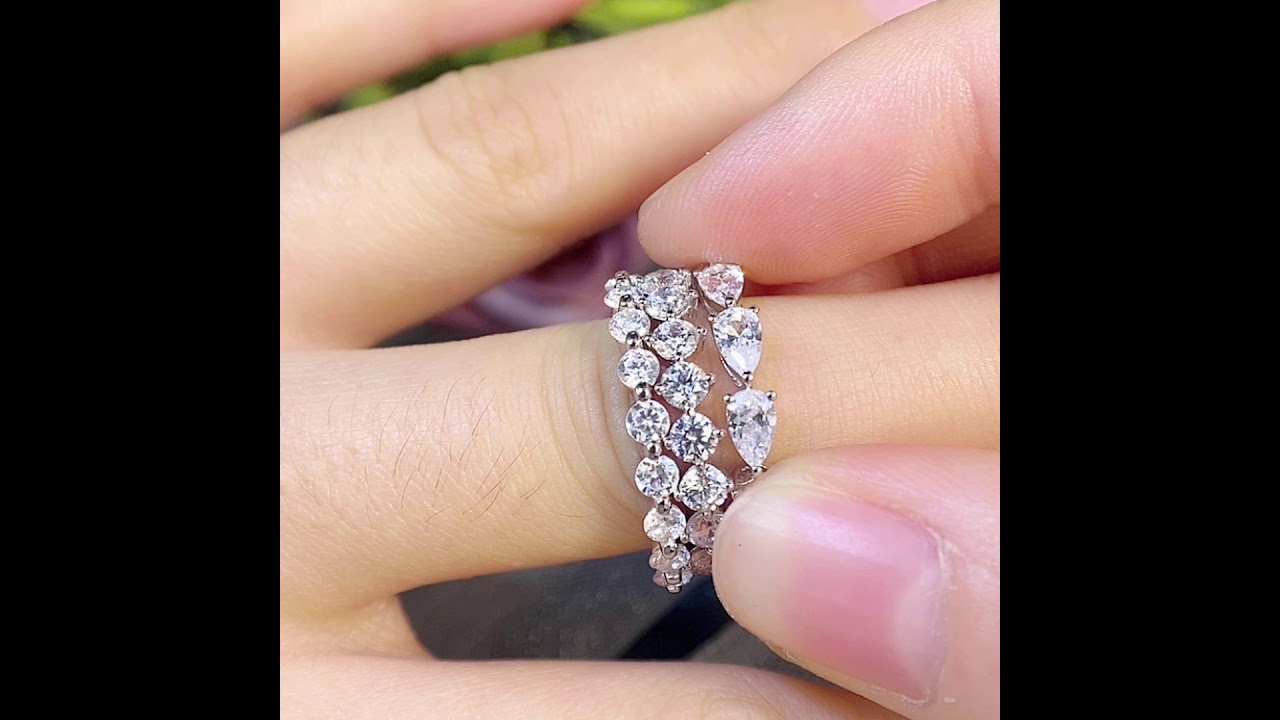 Jewelrest Set D'Alliance Femme Art Deco Demi Eternité 3PC En Argent Sterling Coupe Ronde