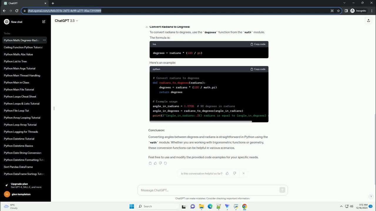 python math degrees to radians - YouTube