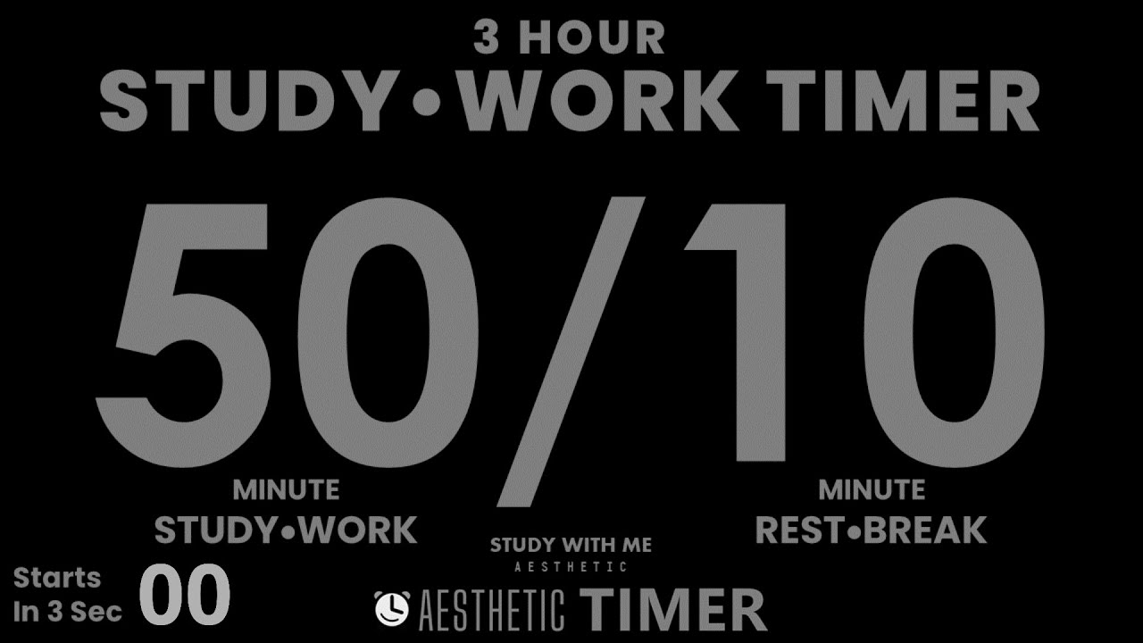 DARK Mode, 3 hours, Pomodoro 50/10 Study Timer, 50 Minute Study Timer, Gentle Alarm, No Music