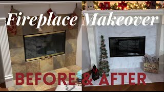 DIY FIREPLACE MAKEOVER ON A BUDGET 2020 PEEL AND STICK TILE BEFORE AND AFTER