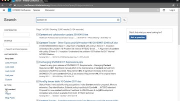 Searching Confluence using the search bar, clicking "enter," then filtering.