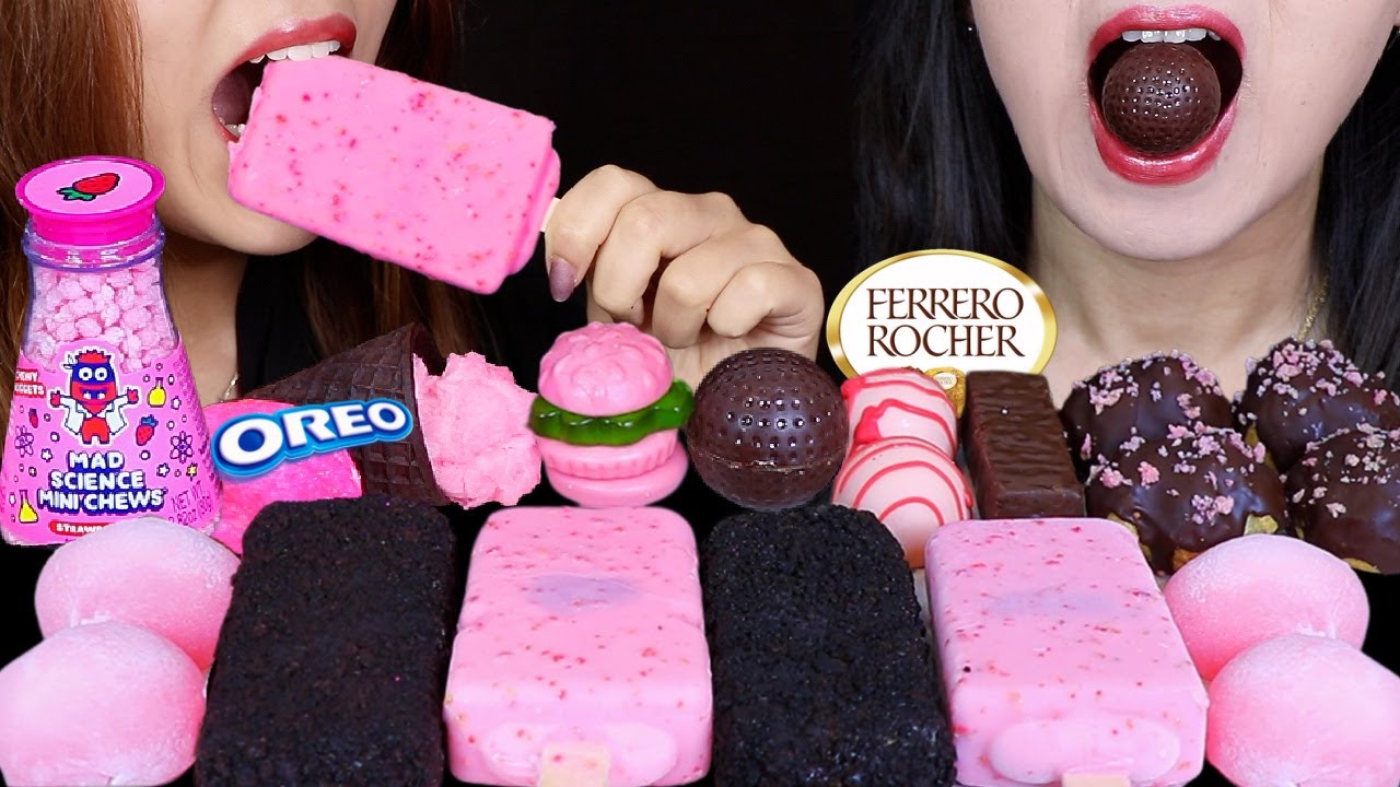 ASMR BLACK PINK DESSERTS (MOCHI, STRAWBERRY CHOCOLATE COVERED ICE