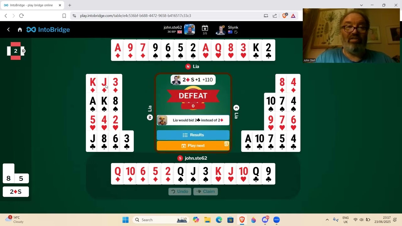 Me versus a top bridge player (Peter Hollands) - 23rd June 2025