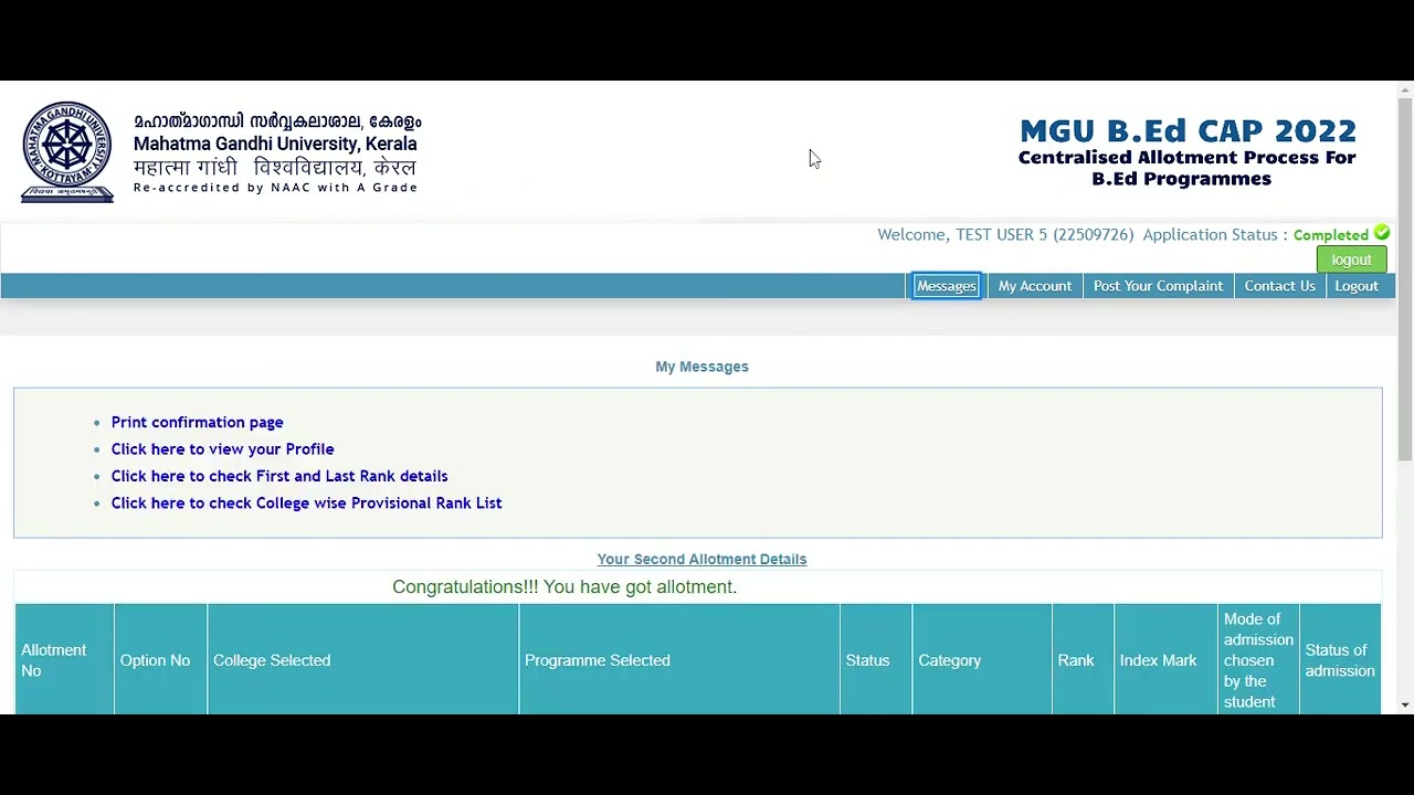 MG University B Ed CAP 2022 Second Allotment Higher Option allotted