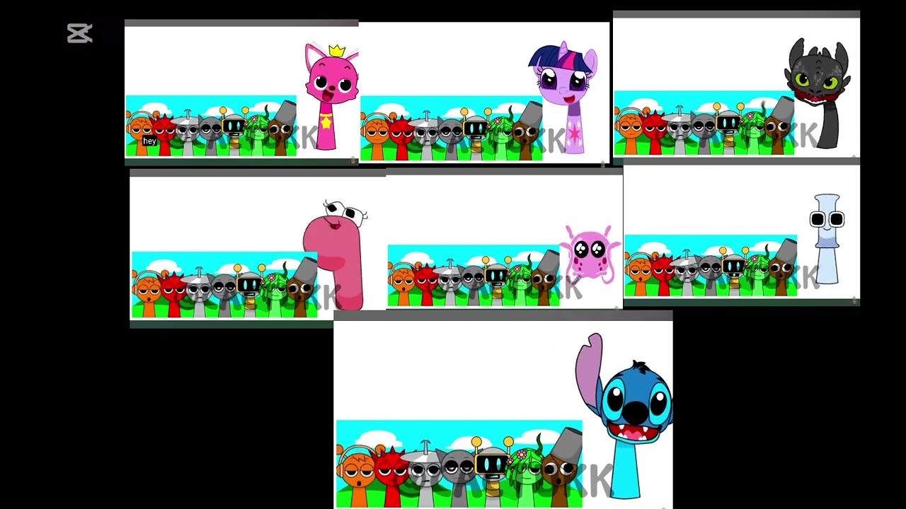 7 Sprunki OC Pinkfong, Twilight Sparkle, Toothless, P, Jellyfish, I and Stitch 
