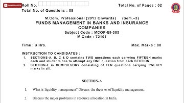MCOM PROFESSIONAL 3RD SEM FUNDS MANAGEMENT IN BANKS AND INSURANCE MAY 2019 | PTU