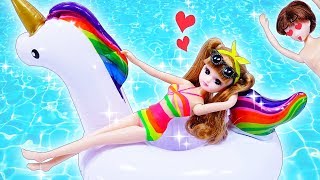 リカちゃん プールで風船水着デート♥ハルトくんの衣装も手作りするよ✨ユニコーンの浮き輪もかわいい
