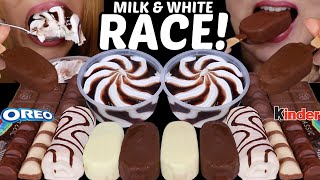 ASMR MILK & WHITE CHOCOALTE RACE! ZEBRA CAKE, MINI ICE CREAM BARS, KINDER BUENO, SWIRL ICE CREAM CUP