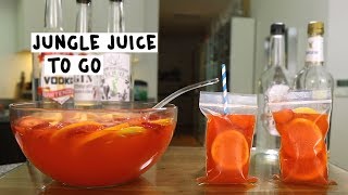 Here's the recipe: jungle juice on go 4 oz. (120ml) vodka rum gin
tequila 2 (60ml) everclear 1 1/2 cups ora...