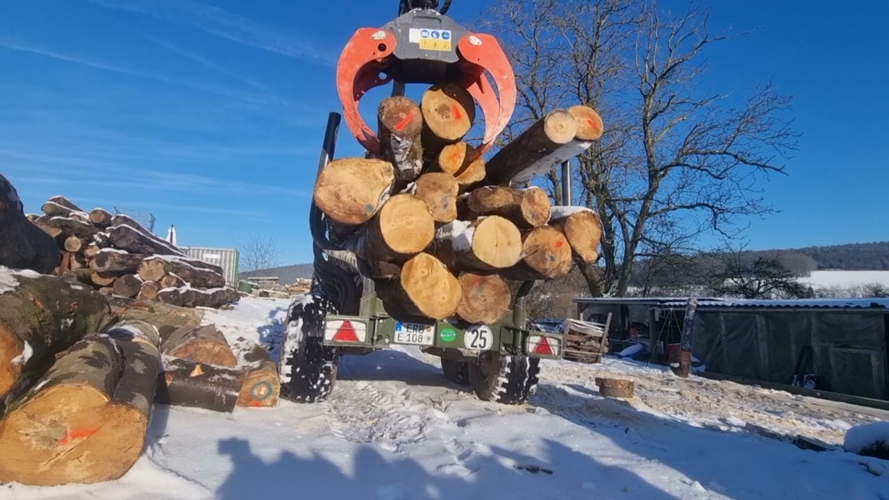 Stammholz zum Spalten vorbereiten, IHC 724 Allrad, Farma T8, Farma 6.3, Husqvarna 562XP, Brennholz