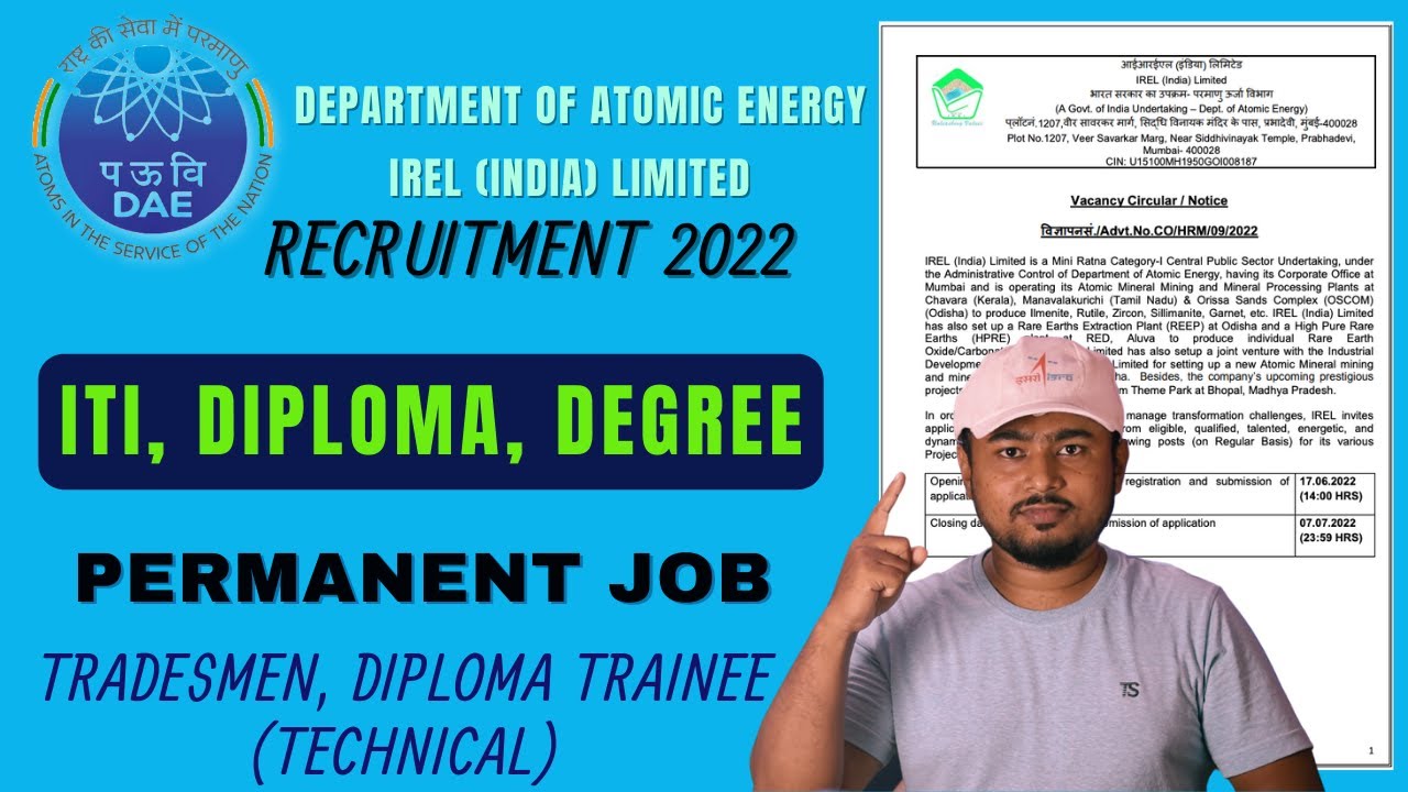 Department of Atomic Energy IREL Recruitment 2022, Technician, Tradesman, etc