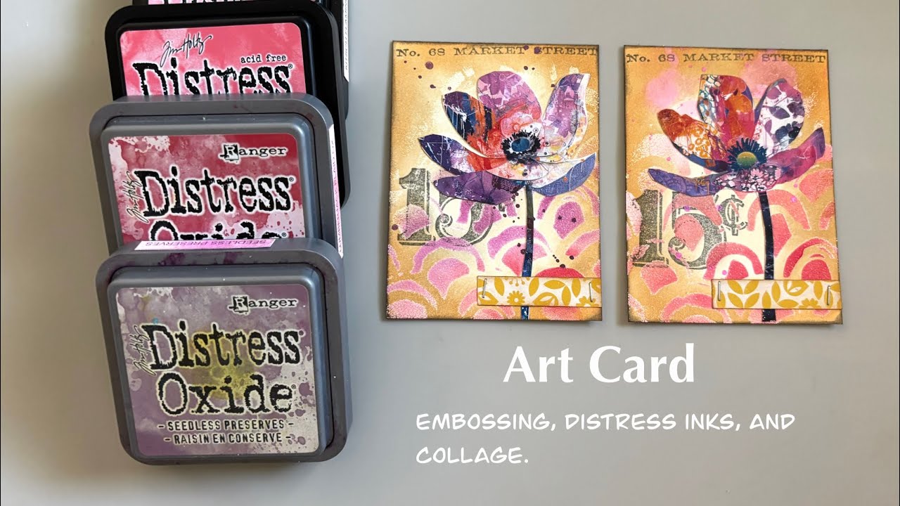Mixed media art cards using embossing powder, distress inks, stamping ...