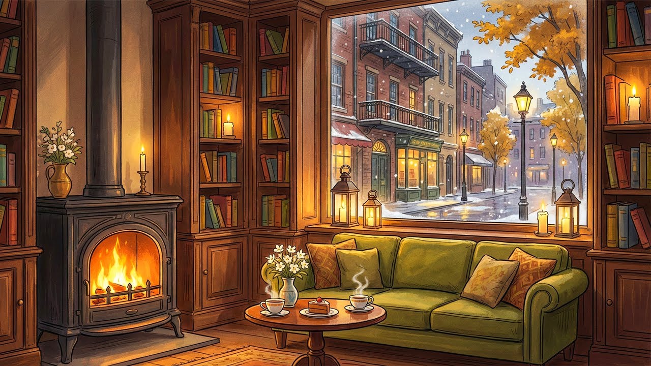 Warm Winter Morning Café with Oldies Playing in Another Room at 5 A.M. in Cozy New York, 1940s