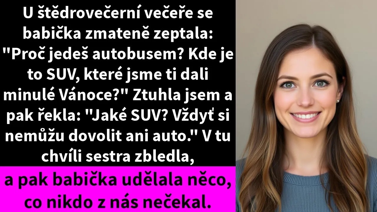 U štědrovečerní večeře se babička naklonila přes stůl a zeptala se mě, kde je to půlnočně modré SUV, které mi vloni koupila. V tu chvíli se zastavil vzduch. Řekla jsem jí, že nevím, o čem mluví,...