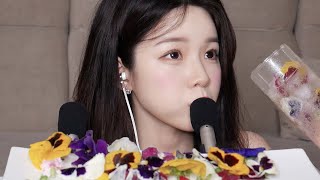 ASMR edible flower eating sound , carbonated water mouth sound 👄Throat / Sparkling Tingle