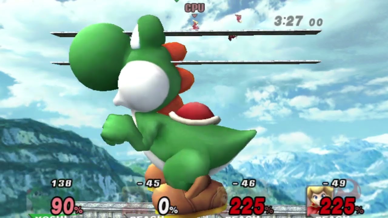 SSBB HACK: Giant growing Yoshi vs 3 peachs