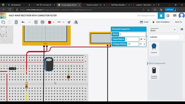 HALF WAVE RECTIFIER WITH CAPACITOR FILTER (TINKERCAD)