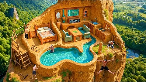 90 Days Building a Cliffside Mud House with Natural Pools on a 1500m Canyon Using Primitive Tools