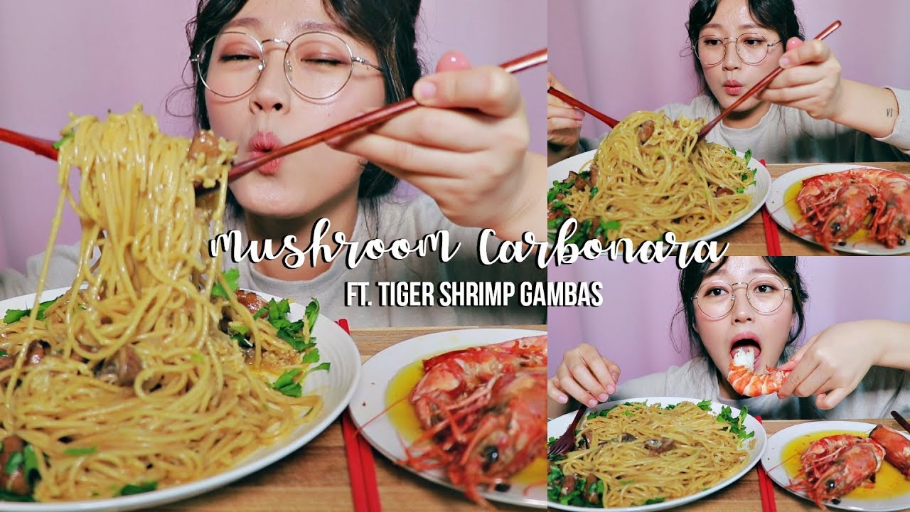 ⁣(recipe mukbang) Mushroom 'CARBONARA PASTA' ft. Giant Tiger Shrimp Gambas Mukbang~