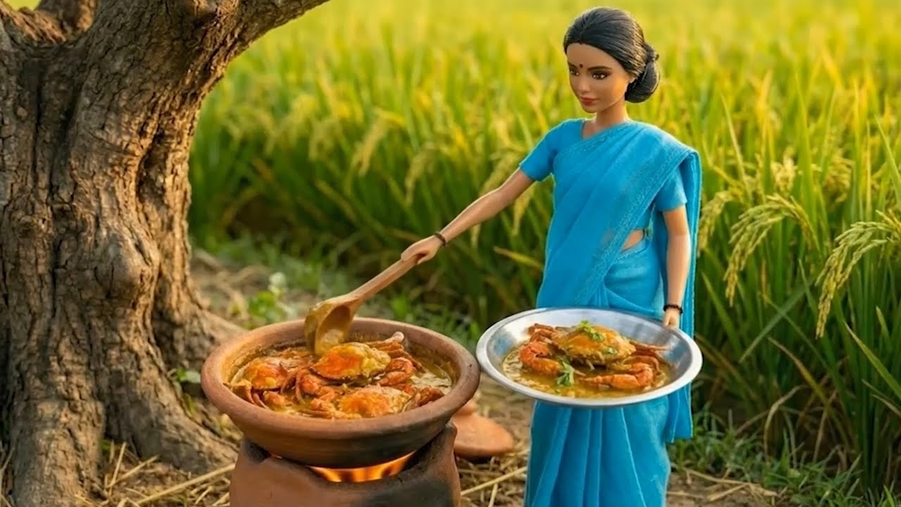 Miniature Doll Kekda Crab Cooking ASMR 🦀 | Indian Village Tiny Kitchen Story | Relaxing Food