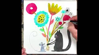 How to Watercolor Paint Cute Cat and Mouse with Flowers