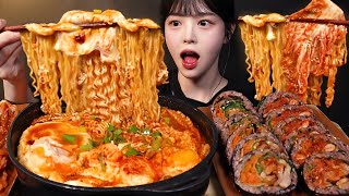 Spicy Yeol Ramen with Soft Tofu, Pork Belly Kimbap, and Kimchi Mukbang ASMR