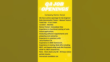 QA JOB OPENING FOR AUTOMATION TESTING  #automation #education #automationtesting #selenium #manual