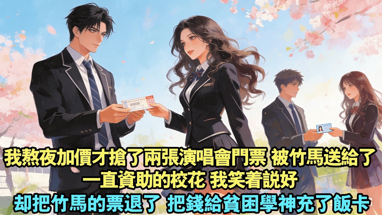【完結爽文】我熬夜加價才搶了兩張演唱會票。被竹馬送給了一直資助的校花，「她期待這場好久了，我不想讓她失望」我笑著說好，卻把竹馬的票退了，把錢給貧困學神充了飯卡，他問我為什麼？「想體驗下資助別人的感覺」