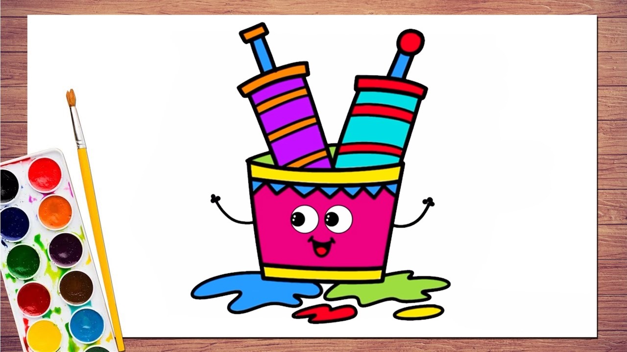 How to Draw Holi Bucket Step by Step | Pichkari Drawing | Holi Bucket and Pichkari Easy Drawing