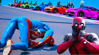 An Epic Race featuring Spiderman Black Cat Deadpool BMW X7 Porsche 911 Turbo S, Harley Quinn Joker