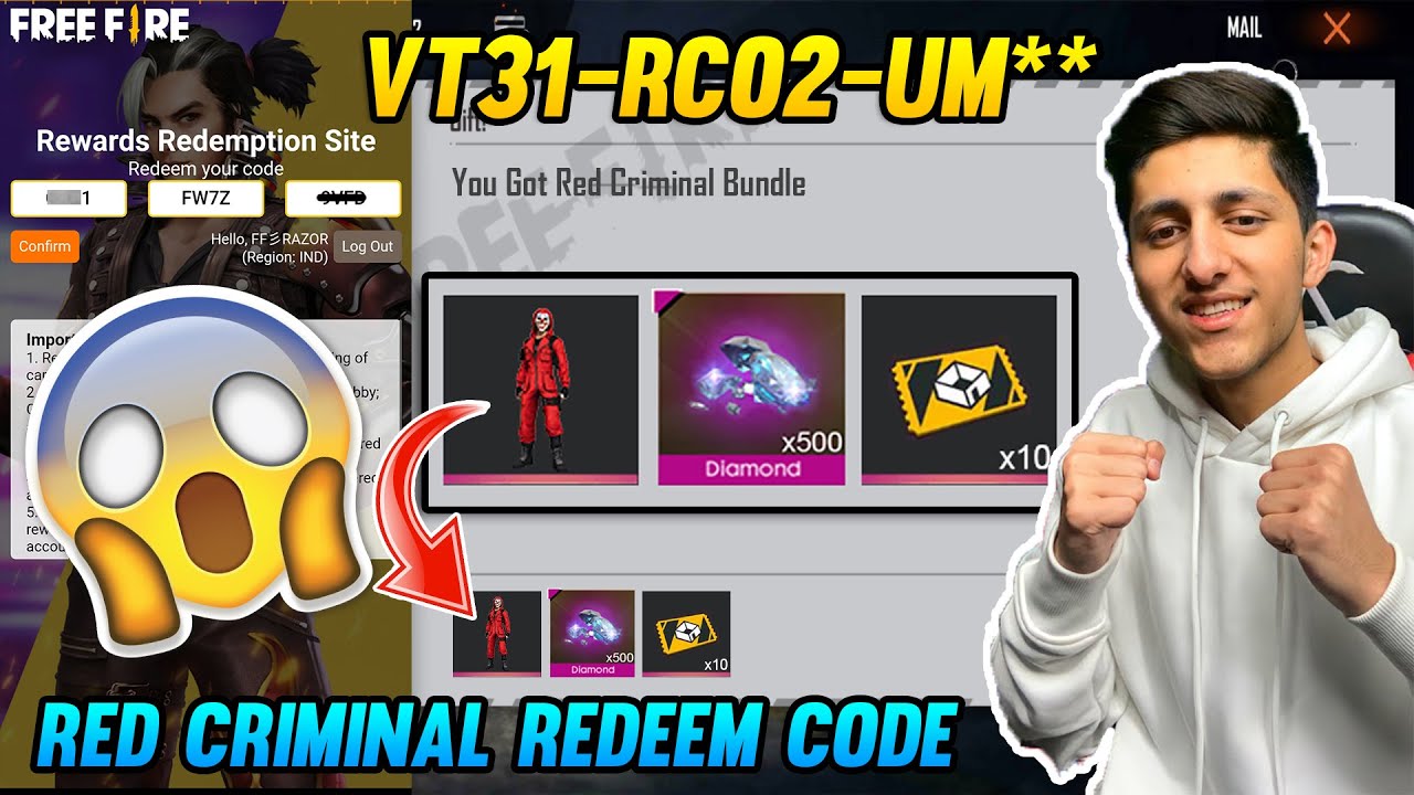 Free Fire Red Criminal Bundle Redeem Code Ff Rewards Red Criminal Bundle Redeem Code 100 Working Youtube