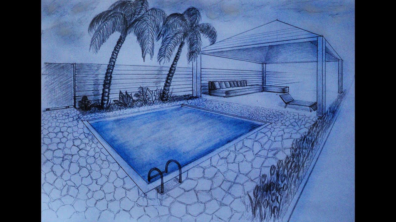  How to draw  two point perspective villa garden with 