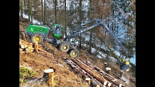 🌲4K| 1470G & T-Winch 10.2 • Harvester goes steep • John Deere & Ecoforst • HarvesterAction • PCM🌲