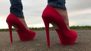 Lara walking in red suede peep toe platform pumps Plateau high heels in skinny jeans angora pullover