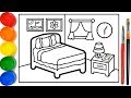 Dạy bé vẽ và tô màu phòng ngủ đơn giản | Cara Menggambar dan Mewarnai kamar tidur