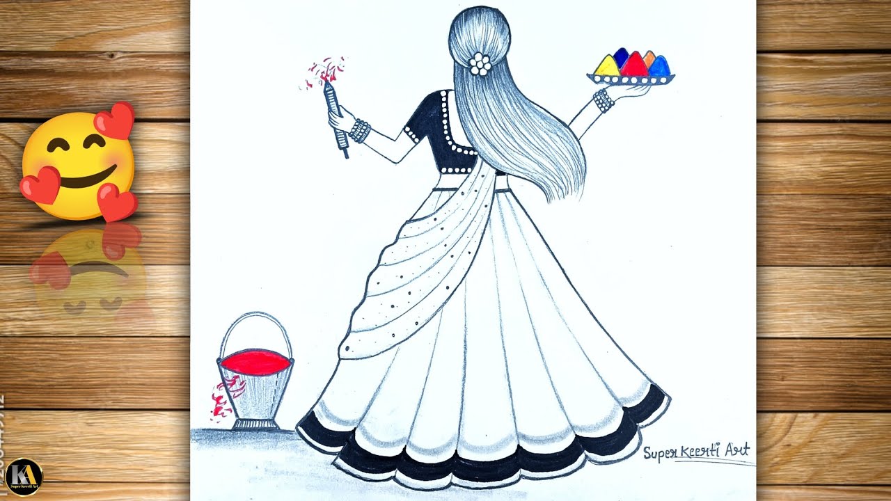Traditional Girl Celebrating Holi Drawing || Easy Drawing | Holi Drawing 2026 Easy with pencil