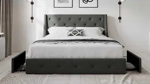 Allewie Full Size Bed Frame with 4 Storage Drawers and Wingback Headboard, Button