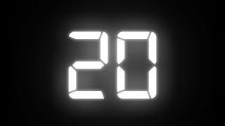 20 seconds countdown timer (V2). No sound, digital, stomp effect, white, black background. 4K