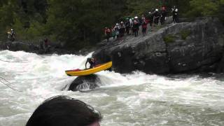 Canoeist swaps boats in Pillow Rock Rapid, Gauley River