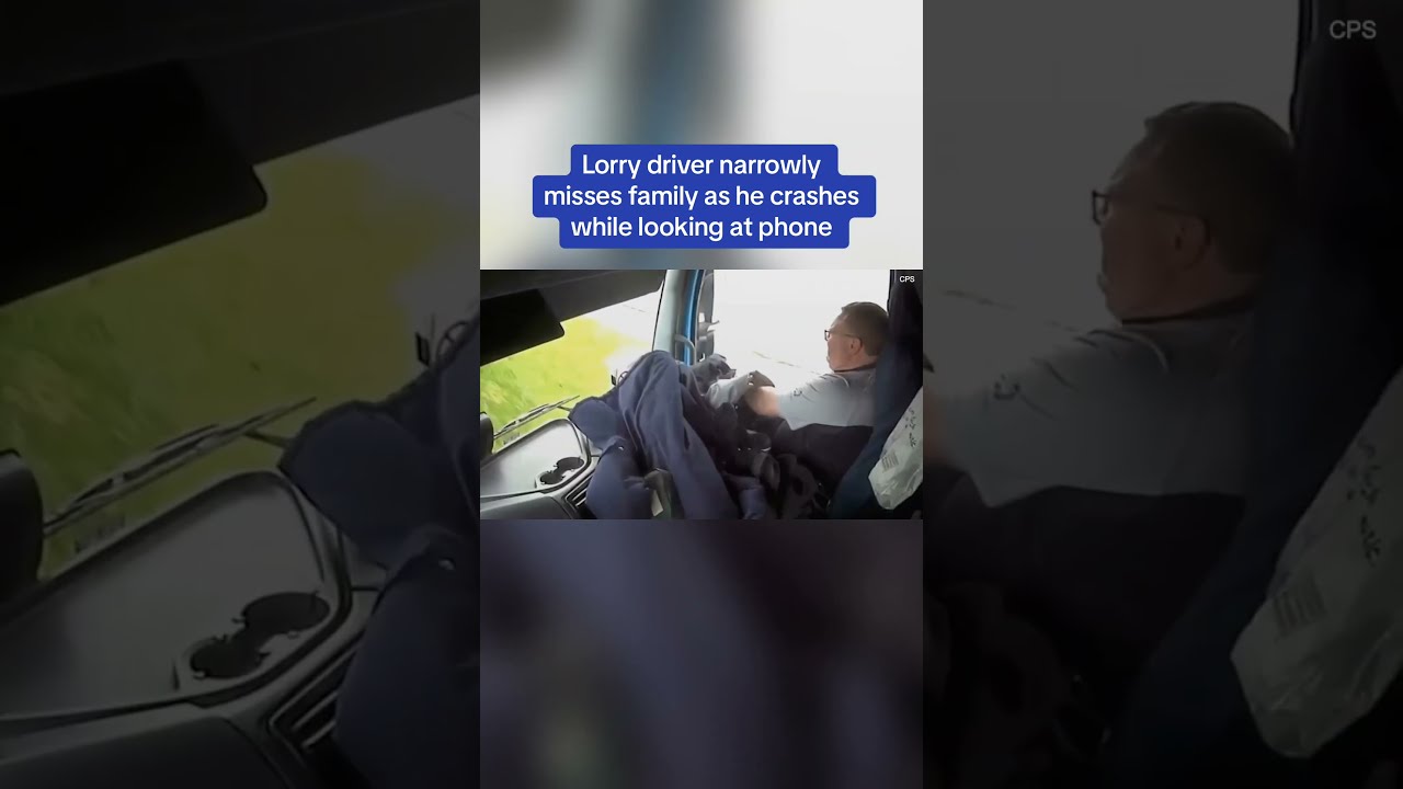 Lorry driver narrowly misses family as he crashes while looking at phone