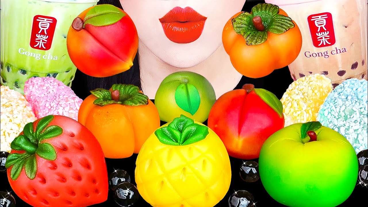 ASMR FRUITS RICE CAKE *STRAWBERRY, PEACH, BUBBLE TEA 과일 화과자, 딸기, 복숭아, 귤 먹방 NO TALKING MUKBANG