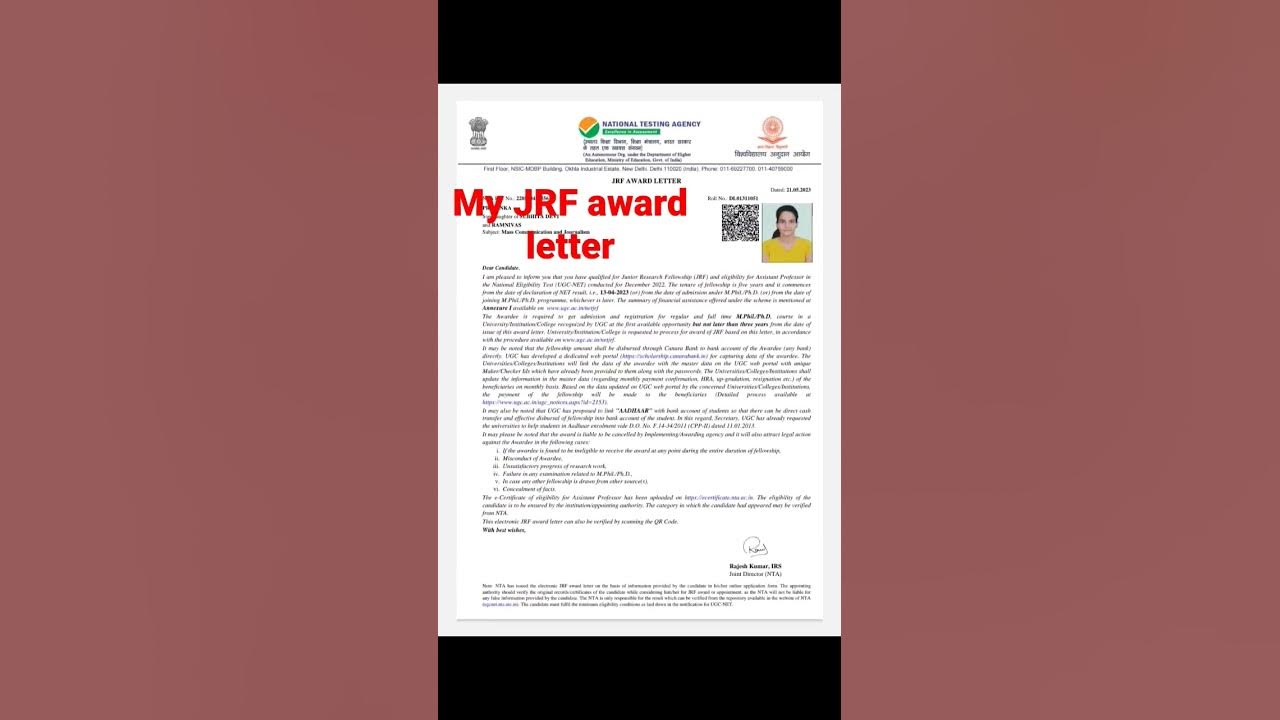 Jrf award letter ugc net exam youtube