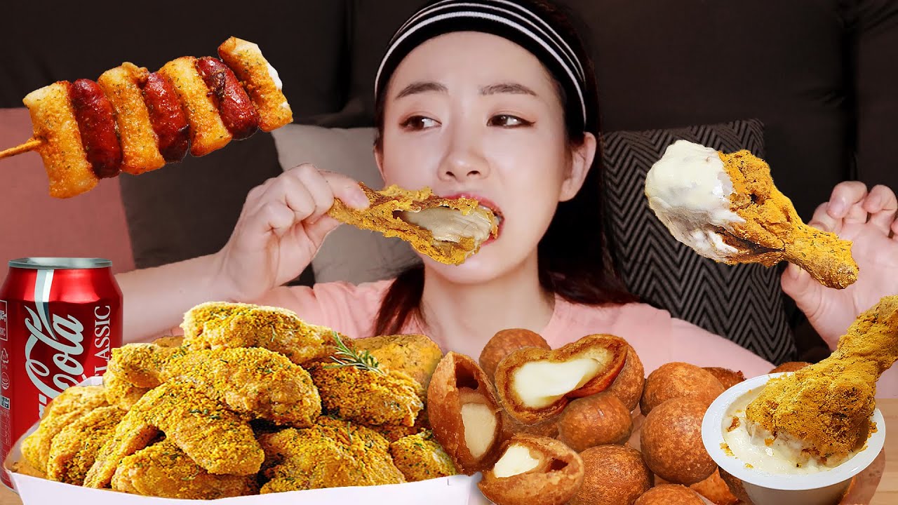 힐링먹방🍗뿌링클 치킨에 치즈볼+소떡소떡은 사랑입니다!❤포실한 치즈시즈닝에 쫀득한치즈볼!매콤한소떡 chicken cheeseball gà bola keju ชีสบอล ไก่ทอด