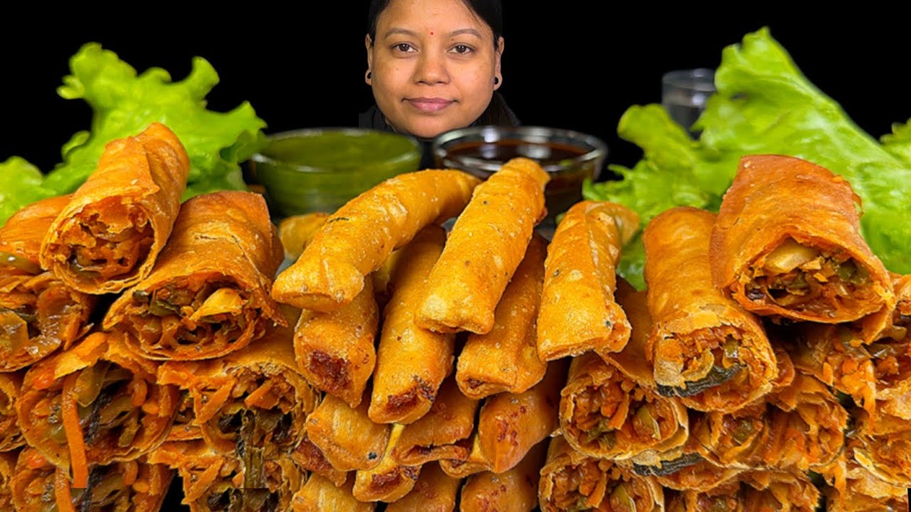 EATING ALOO SAMOSA FINGERS, SPRING ROLL, SPICY CHUTNEY & MITHA CHUTNEY | EATING SHOW | ASMR MUKBANG